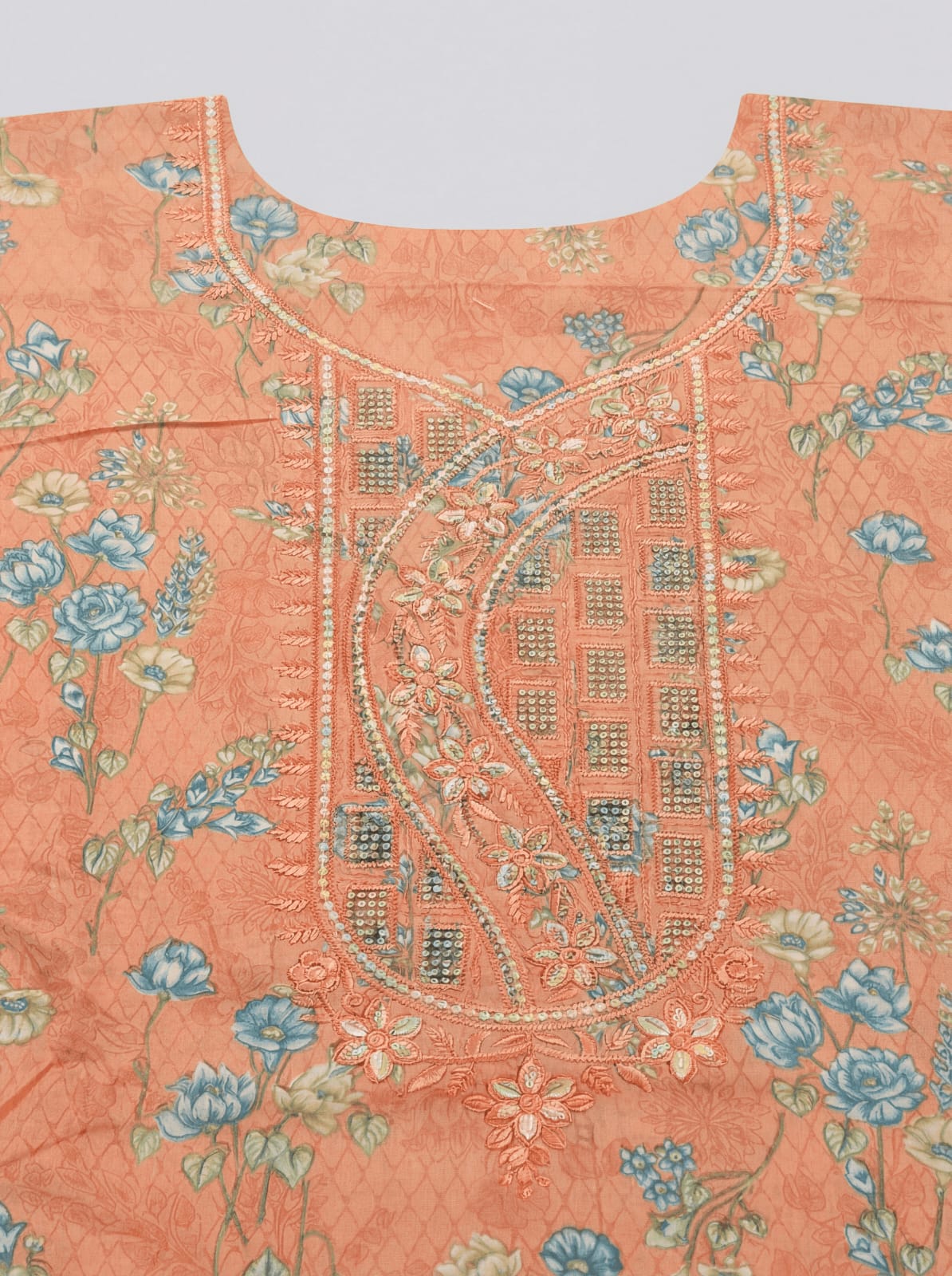 Light Orange Pure Cotton Embroidered Suit Set with Chiffon Dupatta