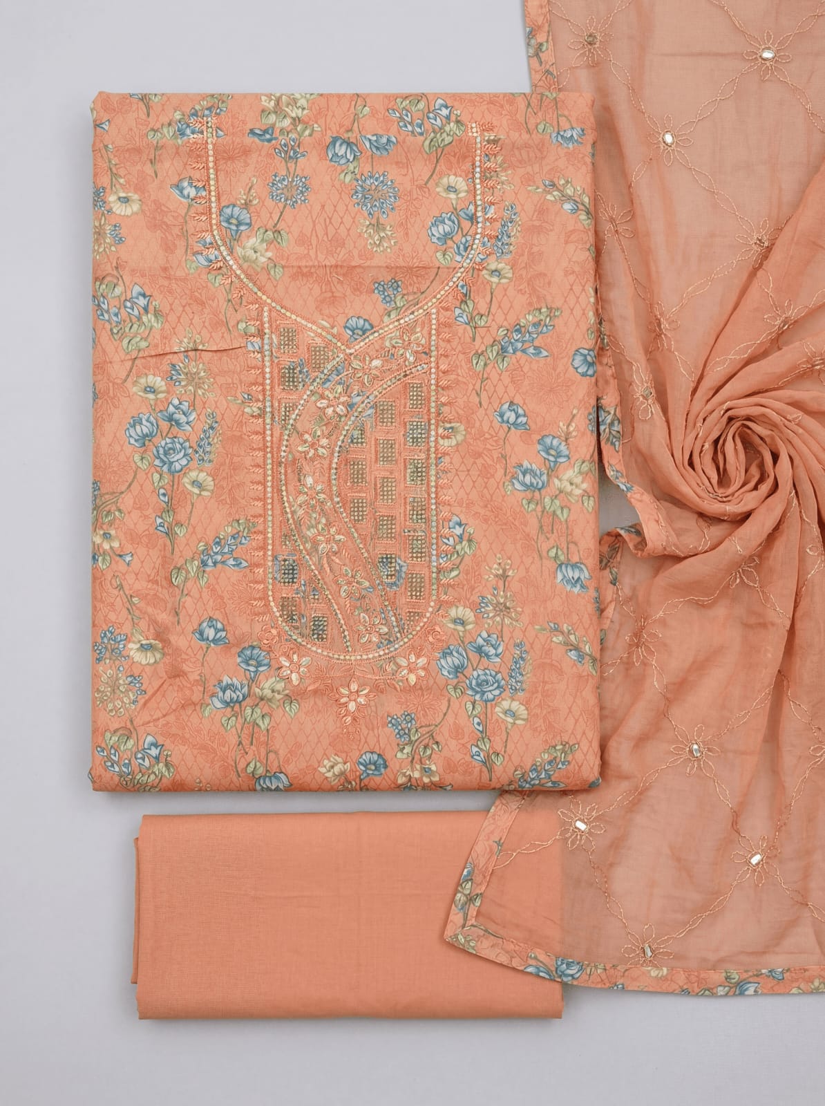 Light Orange Pure Cotton Embroidered Suit Set with Chiffon Dupatta