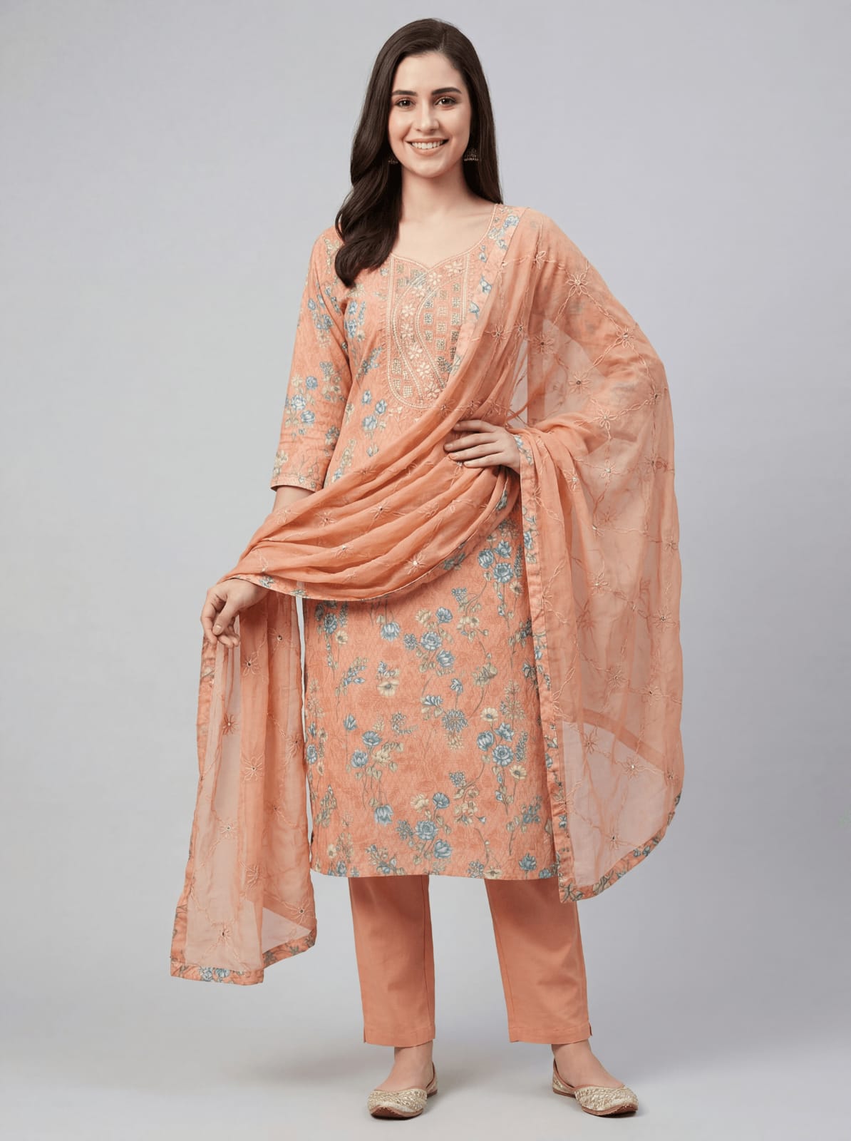 Light Orange Pure Cotton Embroidered Suit Set with Chiffon Dupatta